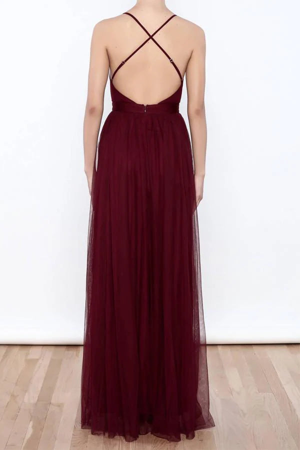 Spaghetti Strap Tulle Prom Dress with Crisscross Back and Double High Slits