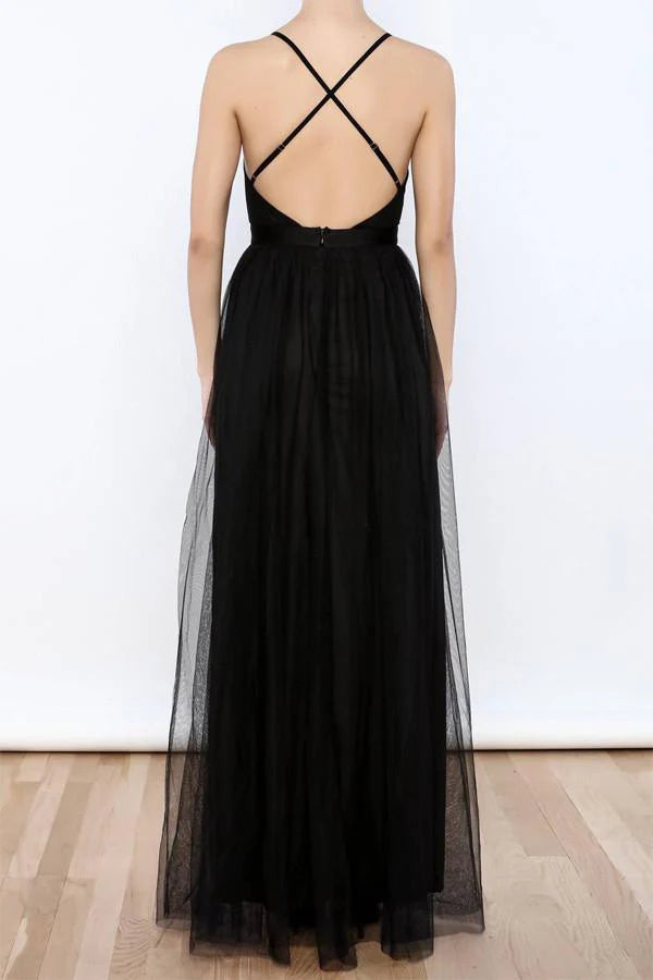 Spaghetti Strap Tulle Prom Dress with Crisscross Back and Double High Slits