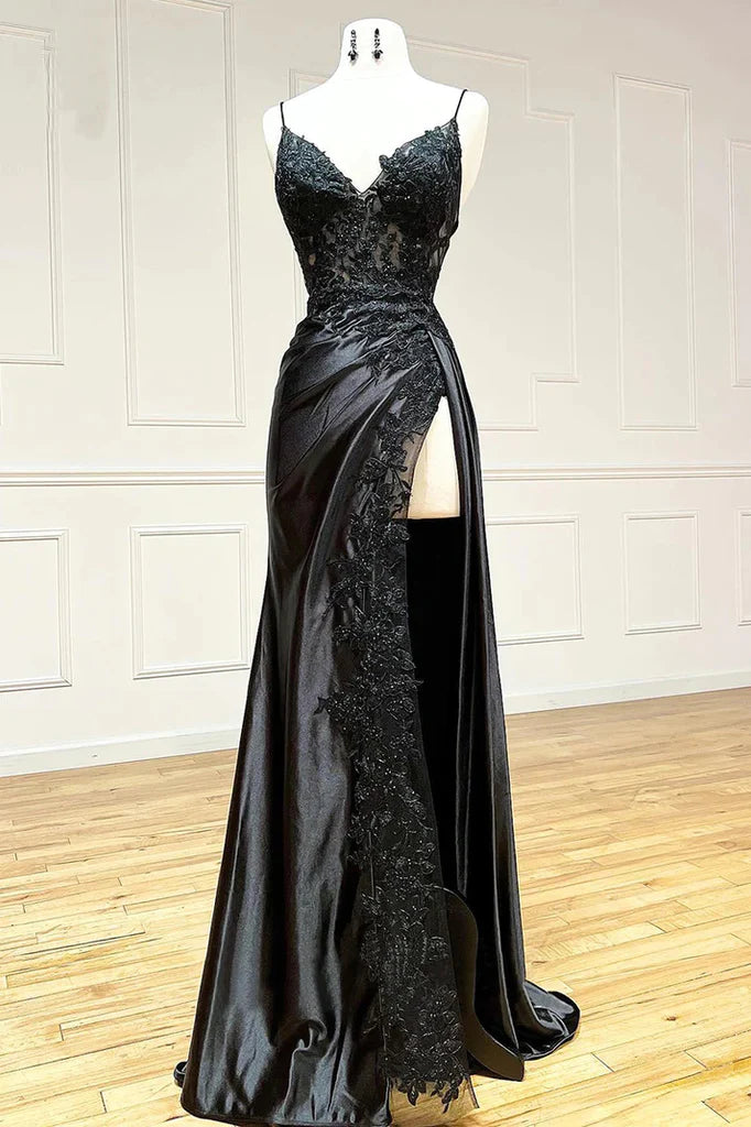 Spaghettiträger Applikationen Seitenschlitz Schwarzes Ball-/Abendkleid aus Schaumstoff