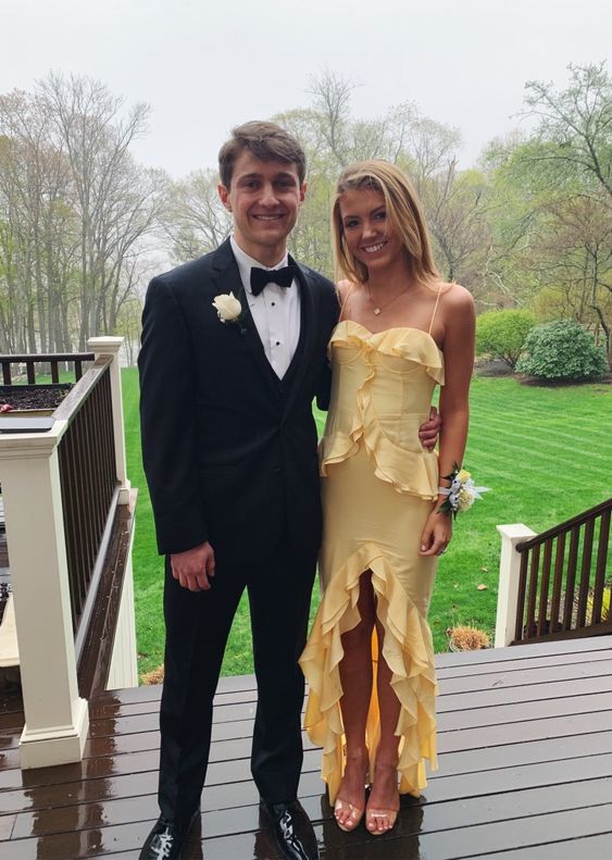 Spaghetti Strap Chiffon Prom Dresses with Ruffle Detail, High Slit and Tiered Mermaid Skirt Formal Gown