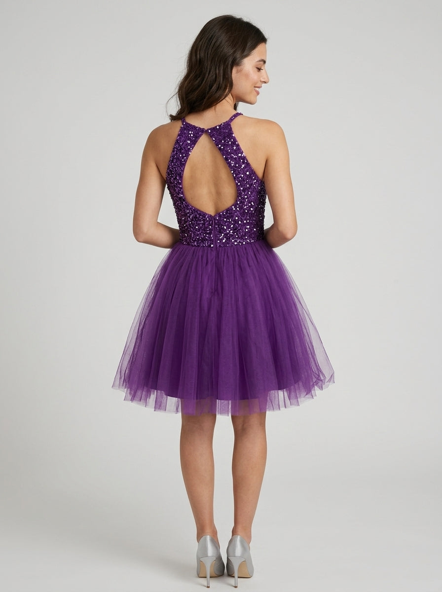 Back view of sparkling A-line halter purple tulle dress with keyhole back.
