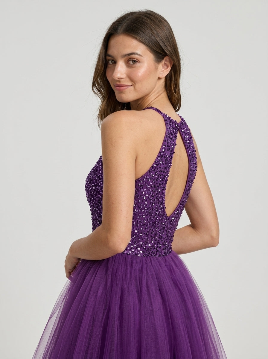 Sparkling A-line halter purple tulle homecoming dress, front view.