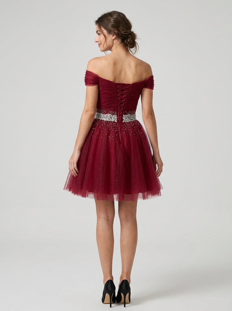 Sparkling A-Line Off-Shoulder Sweetheart Lace-Up Tulle Short Burgundy Homecoming Dress.