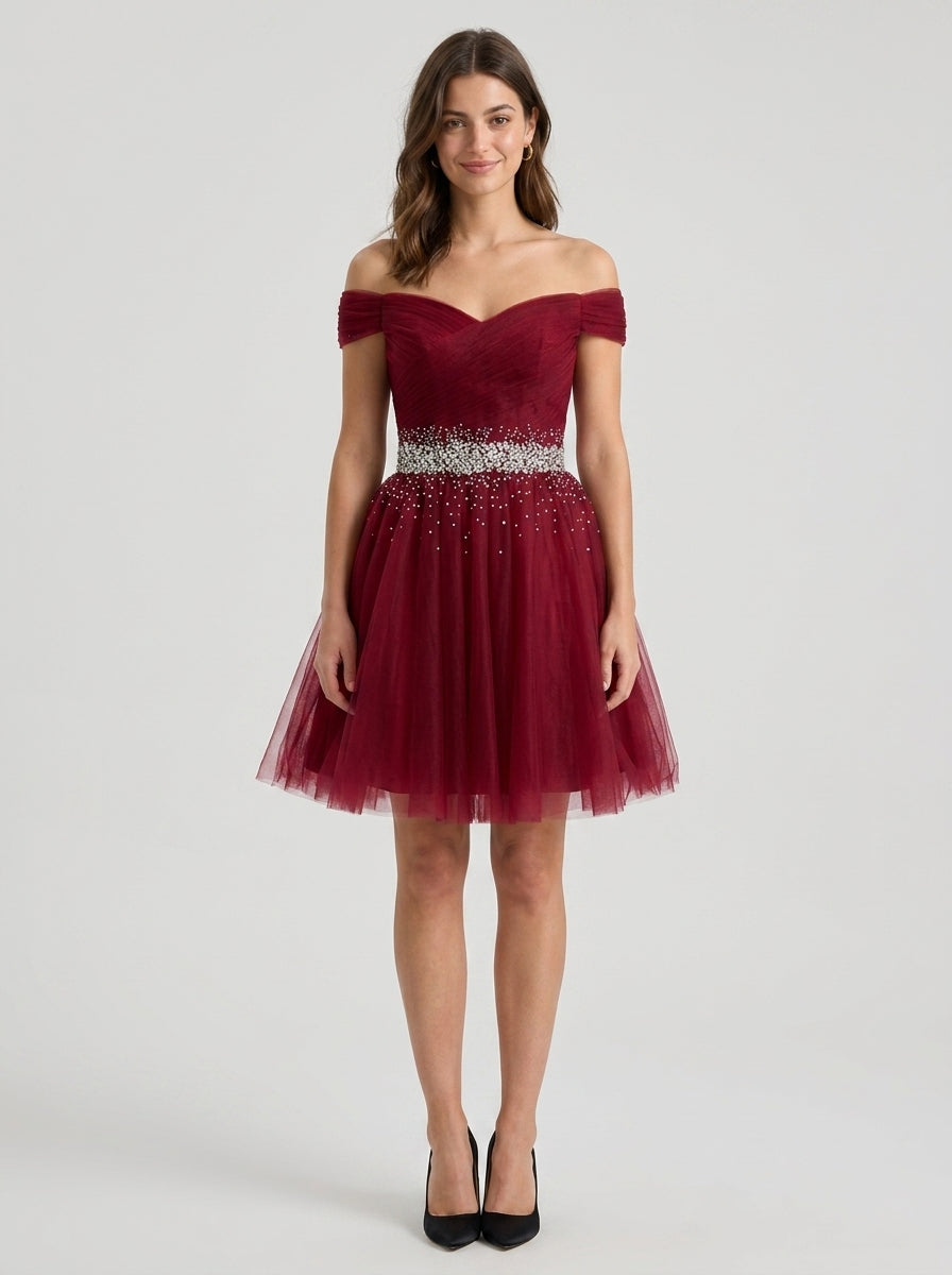 Sparkling A-Line Off-Shoulder Sweetheart Lace-Up Tulle Short Burgundy Homecoming Dress.