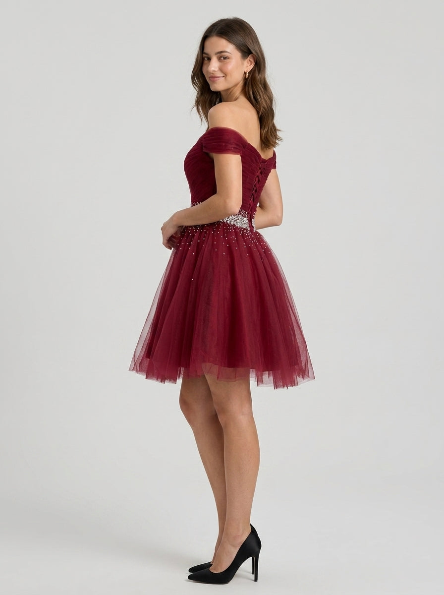 Sparkling A-Line Off-Shoulder Sweetheart Lace-Up Tulle Short Burgundy Homecoming Dress.