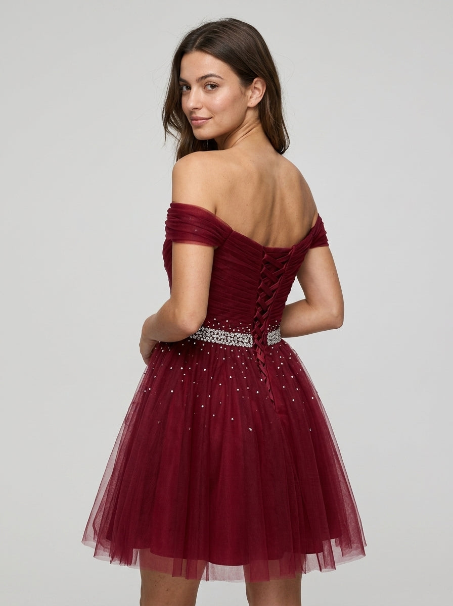 Sparkling A-Line Off-Shoulder Sweetheart Lace-Up Tulle Short Burgundy Homecoming Dress.