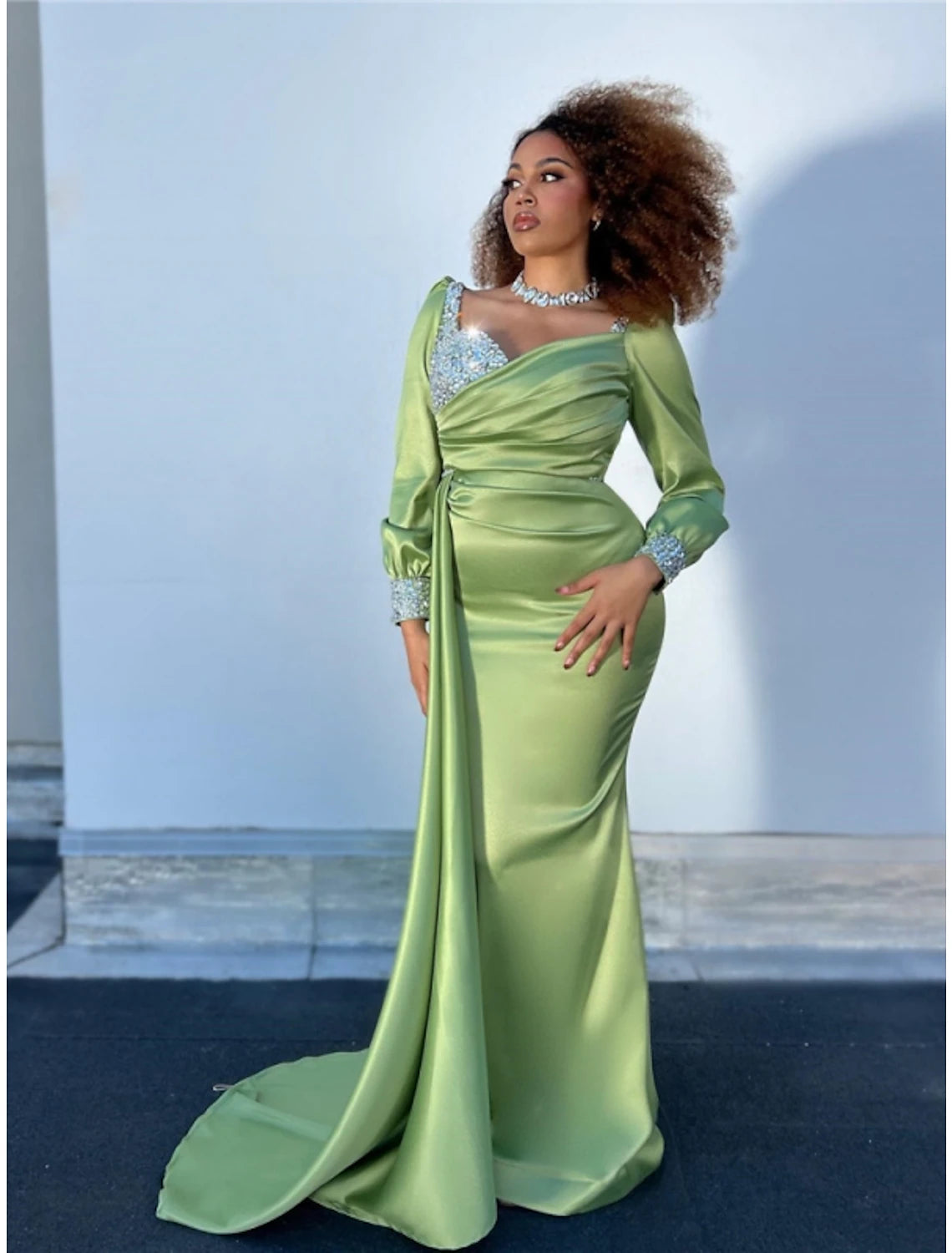 Sparkling A-Line Square Neck Long Sleeve Satin Glitter Evening Gown with Court Train.