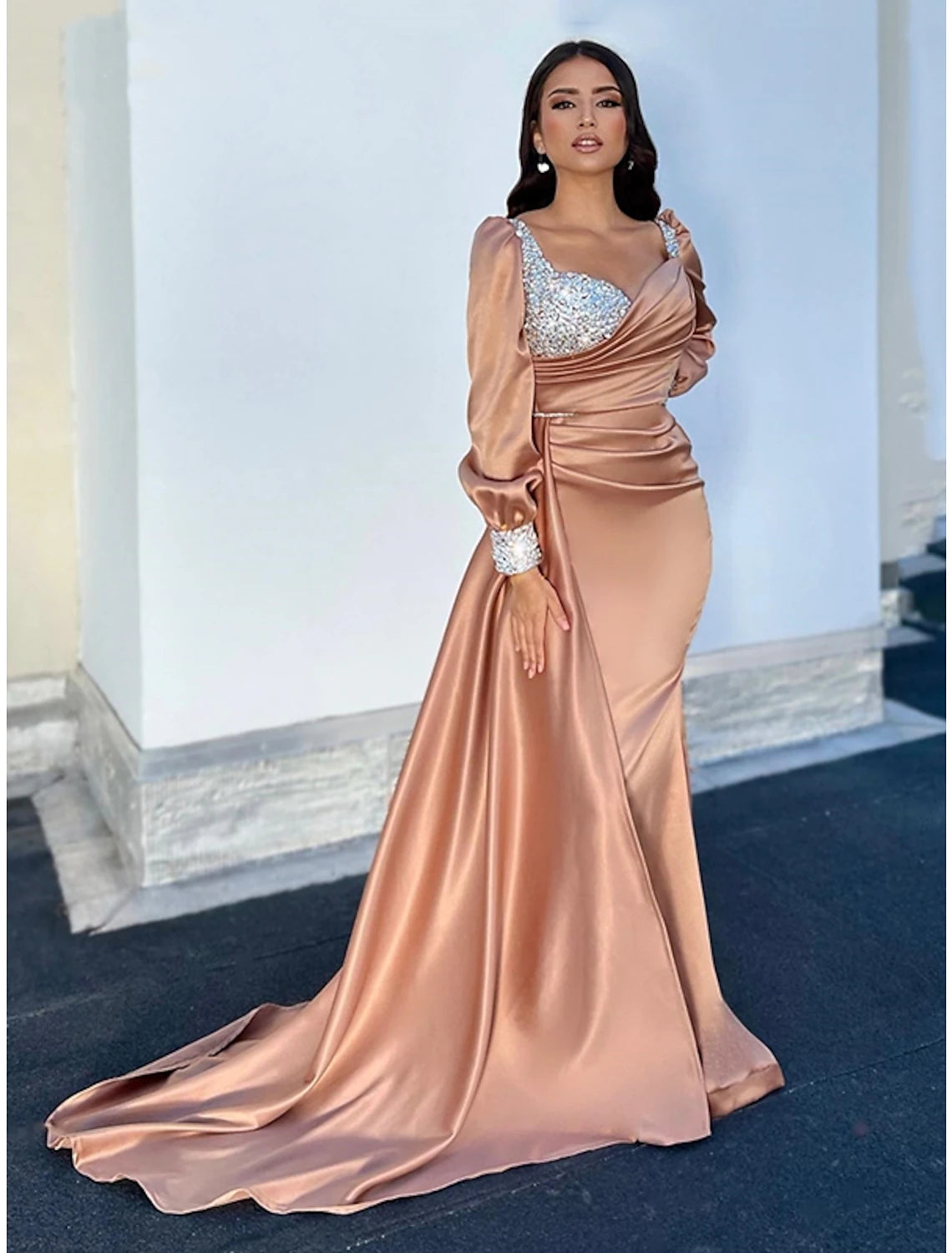 Sparkling A-Line Square Neck Long Sleeve Satin Glitter Evening Gown with Court Train.