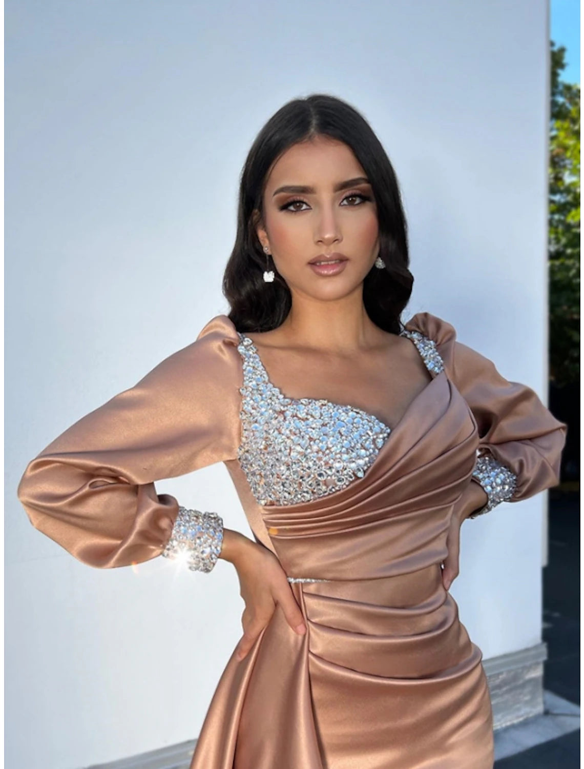 Sparkling A-Line Square Neck Long Sleeve Satin Glitter Evening Gown with Court Train.