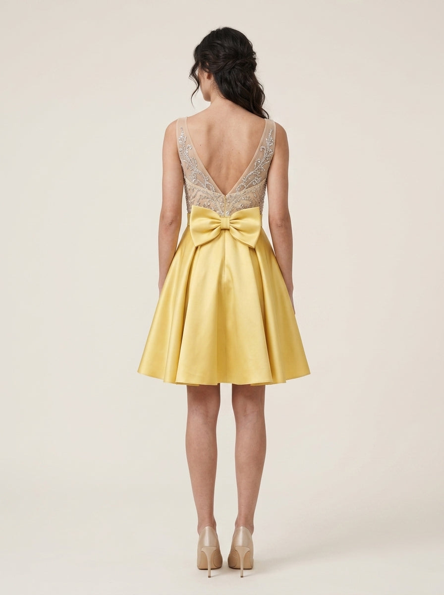 Sparkling A-Line V-Neck Open Back Bow Pale Yellow Short Homecoming Dress.