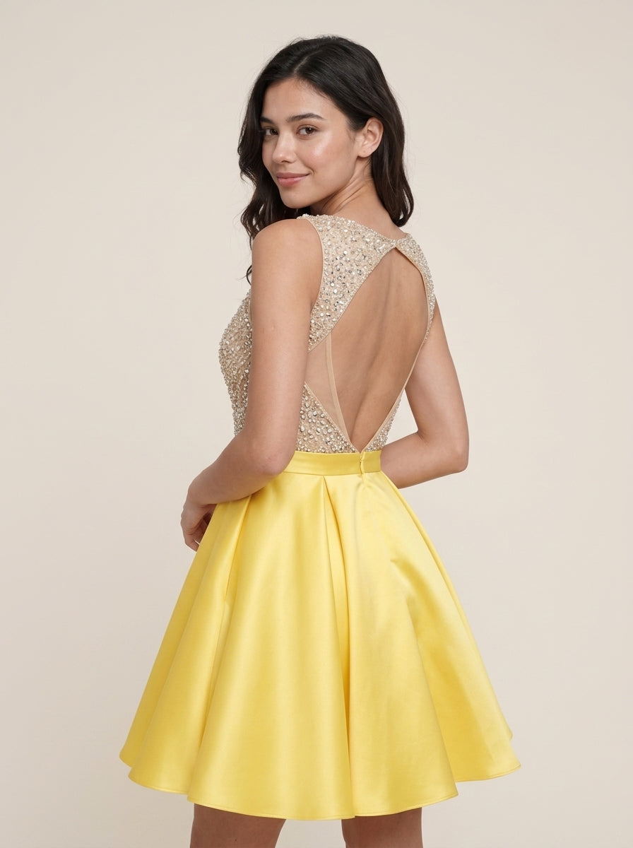 Sparkling A-Line V-Neck Open Back Bow Pale Yellow Short Homecoming Dress.