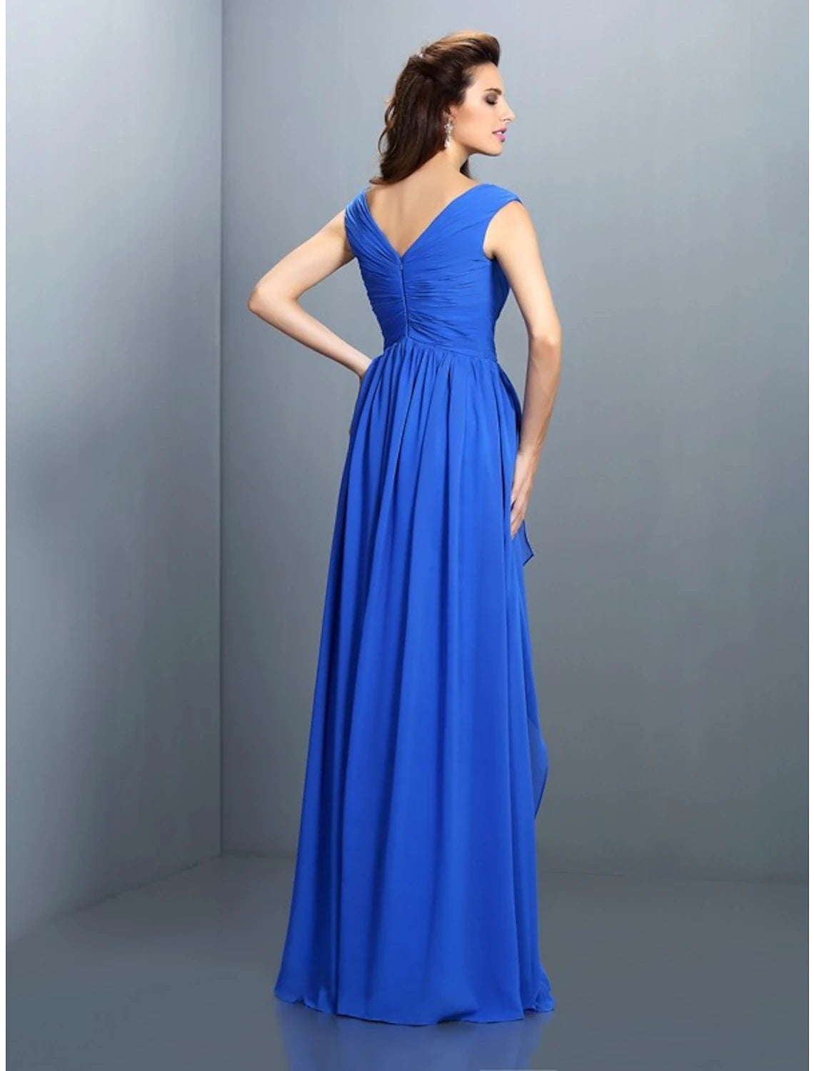 Sparkling A-Line V-Neck Ruched Sequin Floor-Length Evening Gown.