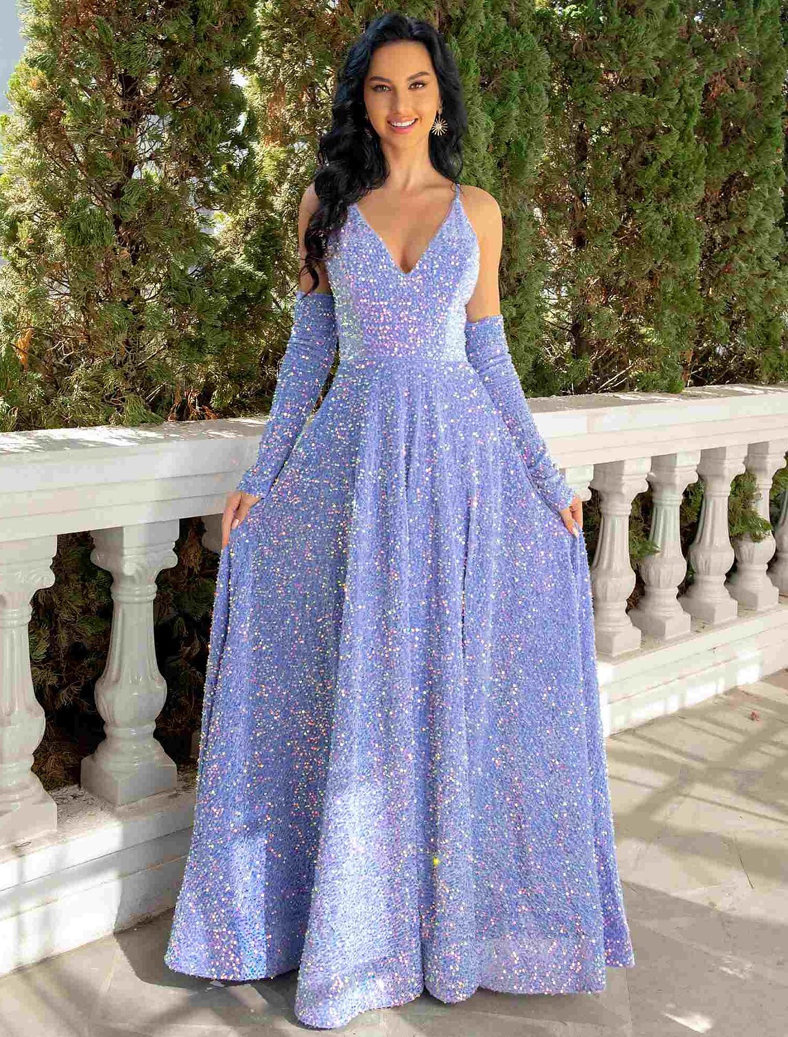 Sparkling A-Line V-Neck Sleeveless Sequined Pleated Floor-Length Prom Dress.