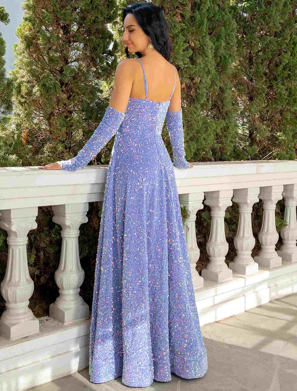 Sparkling A-Line V-Neck Sleeveless Sequined Pleated Floor-Length Prom Dress.