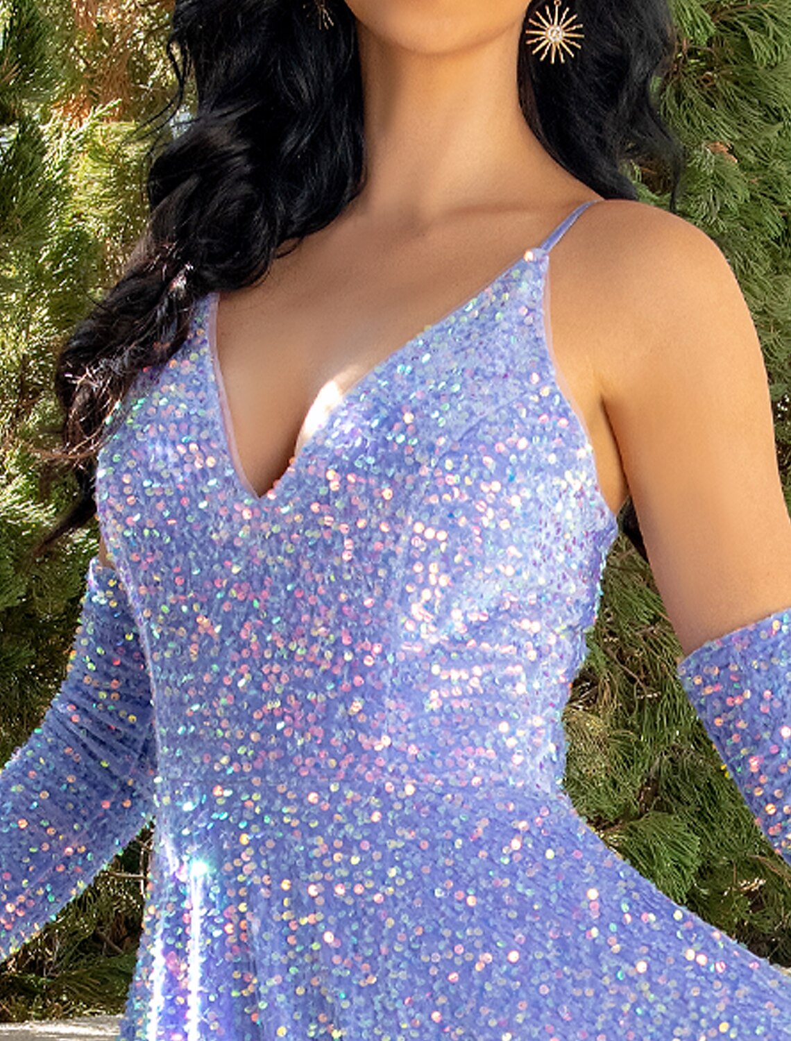 Sparkling A-Line V-Neck Sleeveless Sequined Pleated Floor-Length Prom Dress.