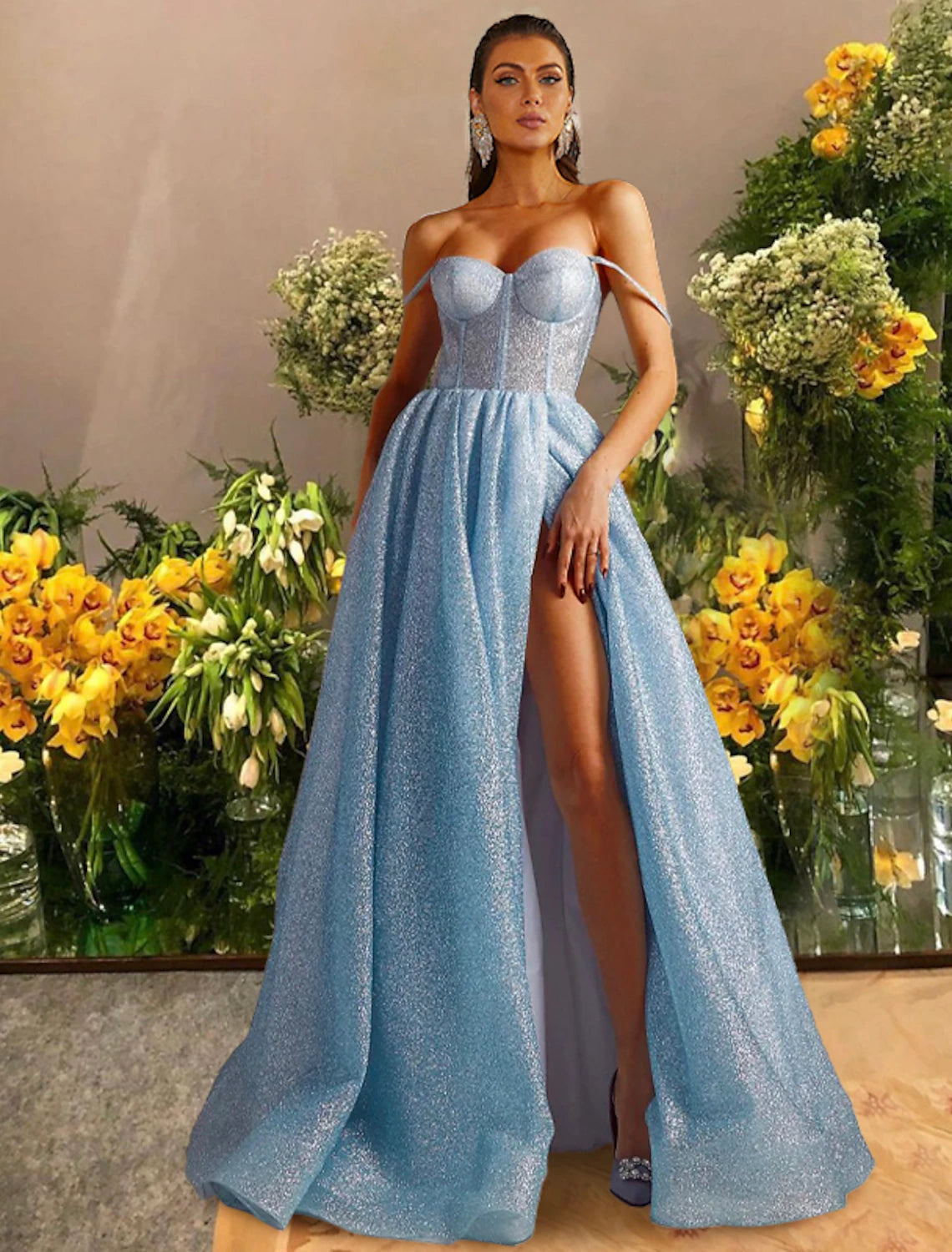 Sparkling Black A-Line Sweetheart Tulle Prom Dress with Slit.