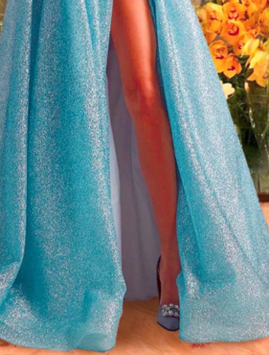 Sparkling Black A-Line Sweetheart Tulle Prom Dress with Slit.