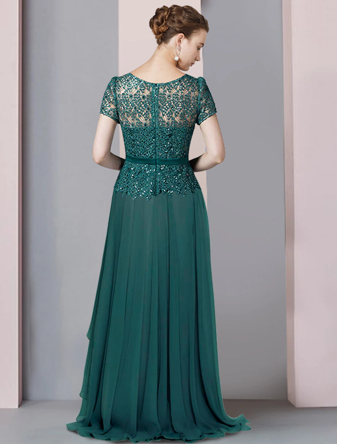 Sparkling Elegant A-Line V-Neck Short Sleeve Chiffon Mother of the Bride Dress, back view.
