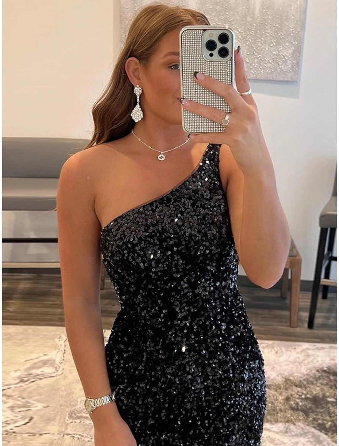 Sparkling Mermaid One Shoulder Sleeveless Sequined Black Short Homecoming Dress.
