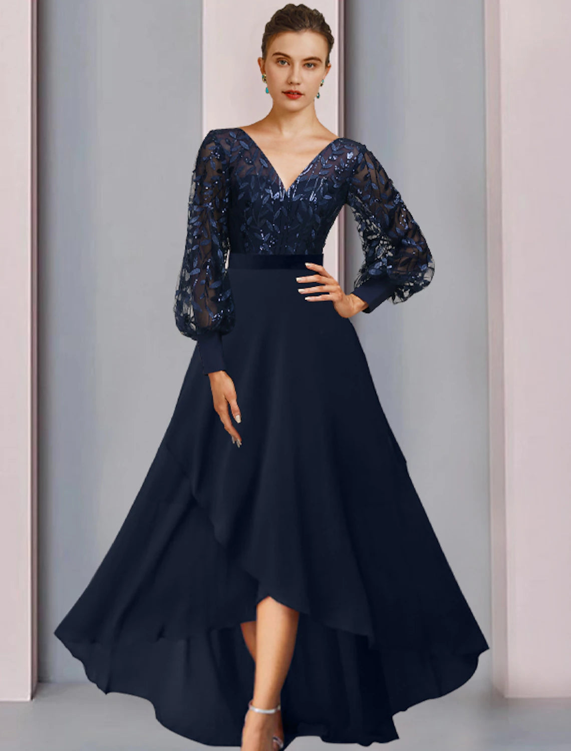Sparkling Navy A-Line Jewel Neck Long Sleeve Sequined Tea Length Dress.
