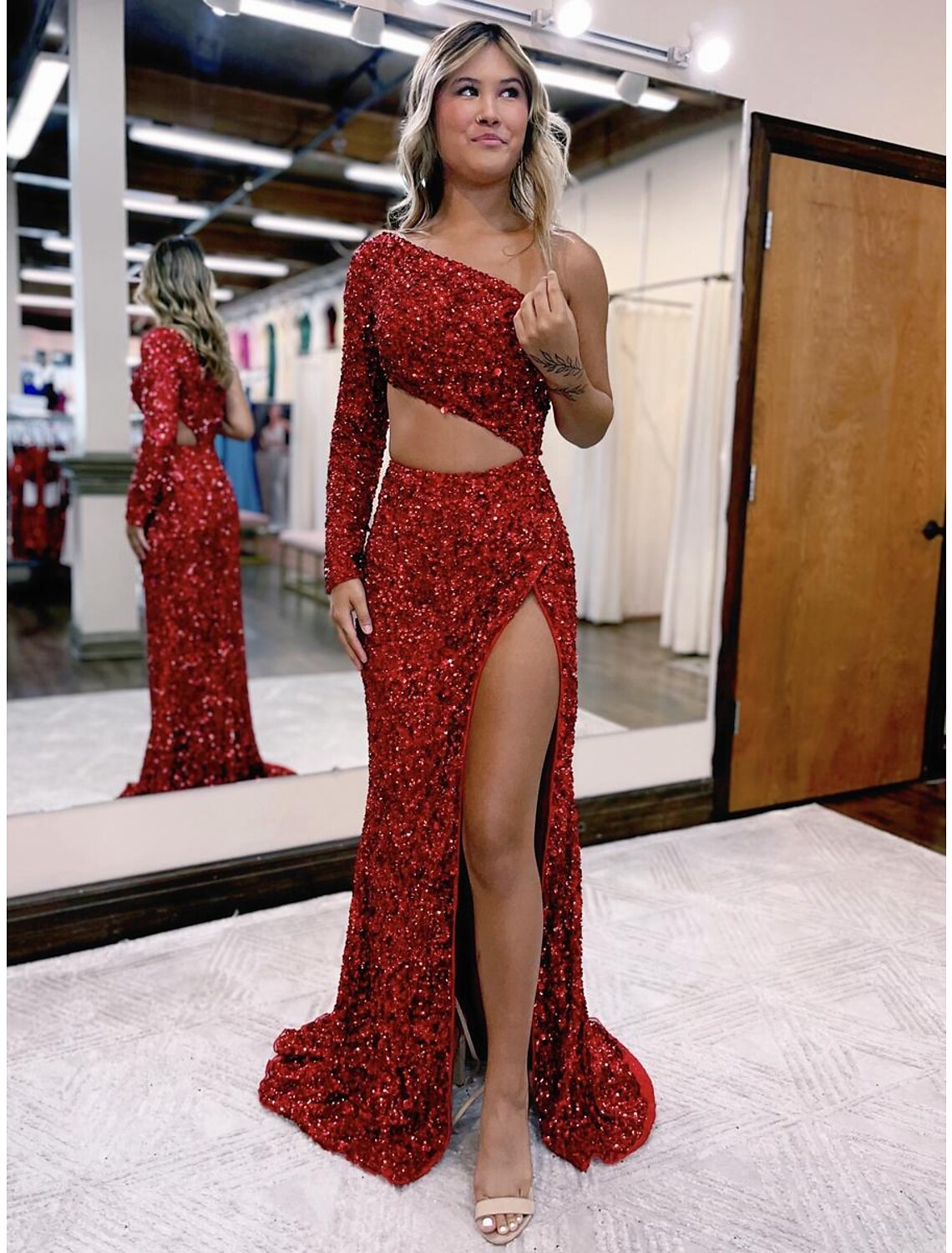 Sparkling Sequined Mermaid Prom Dress with One Shoulder Long Sleeve and Slit.