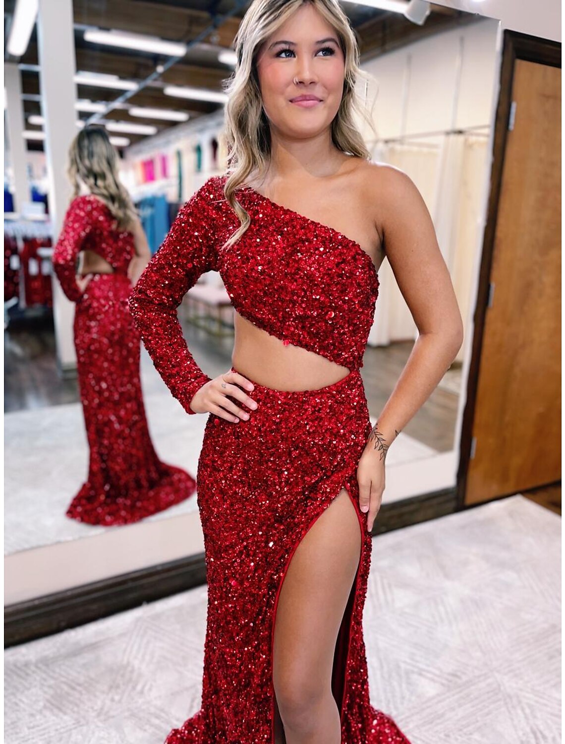 Sparkling Sequined Mermaid Prom Dress with One Shoulder Long Sleeve and Slit.