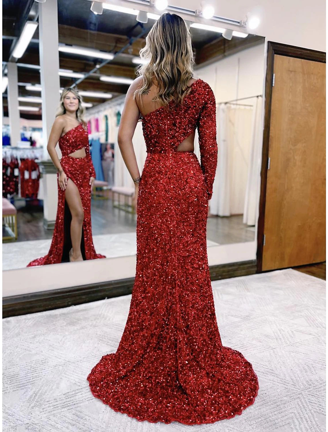Sparkling Sequined Mermaid Prom Dress with One Shoulder Long Sleeve and Slit.
