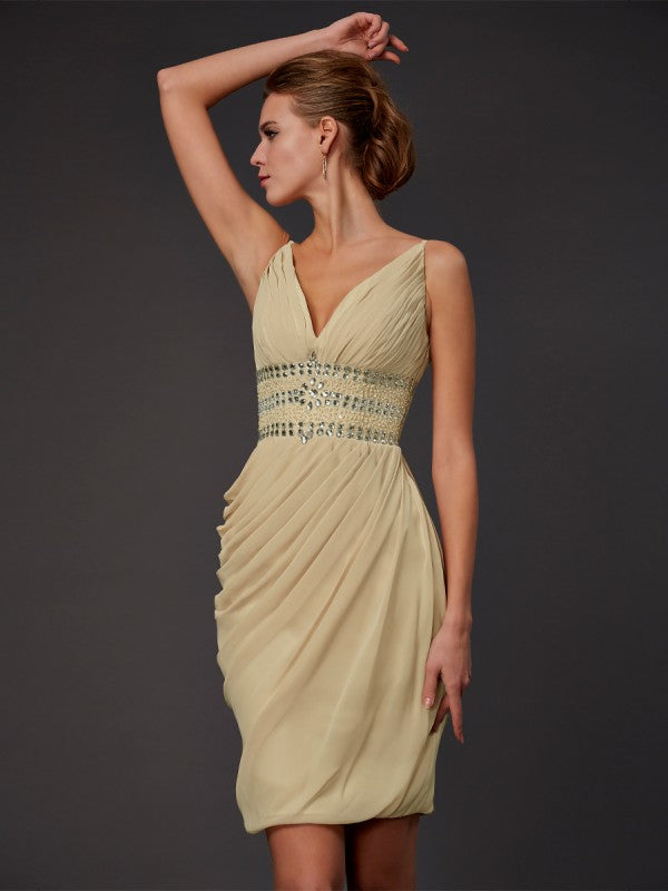 Sparkling V-neck Sheath Column Beaded Chiffon Short Homecoming Dress.