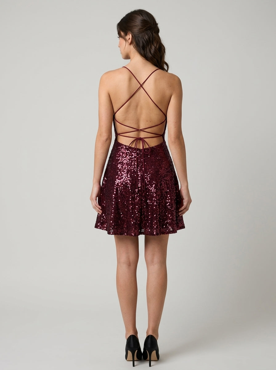 Sparkling A-Line Straight Neck Spaghetti Strap Criss-Cross Open Back Mini Homecoming Dresses for Teens