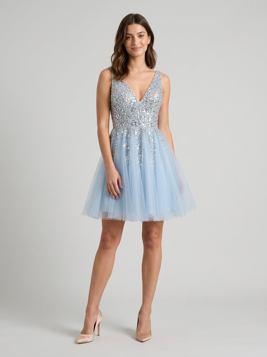Sparkling A-line V-neck Sleeveless Lace-up Back Short Shimmering Tulle Homecoming Dresses