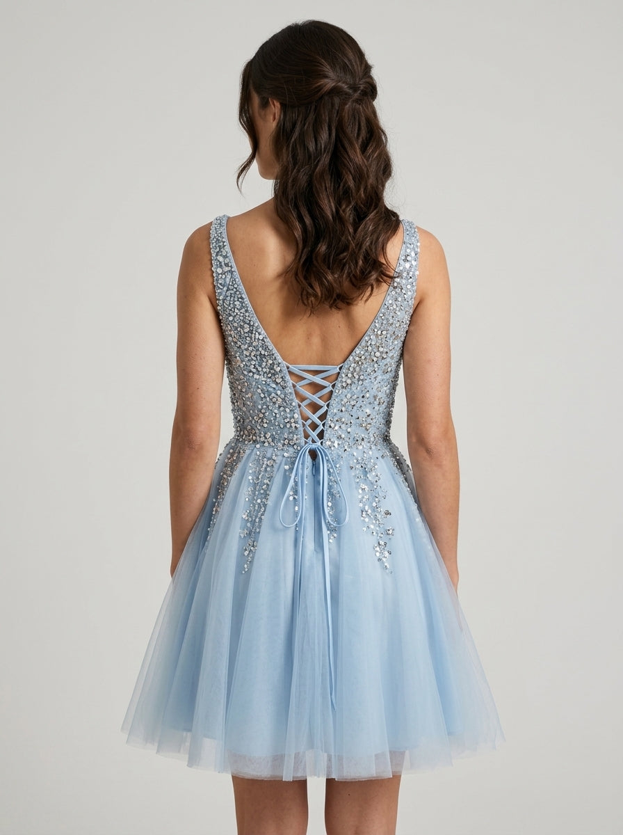 Sparkling A-line V-neck Sleeveless Lace-up Back Short Shimmering Tulle Homecoming Dresses