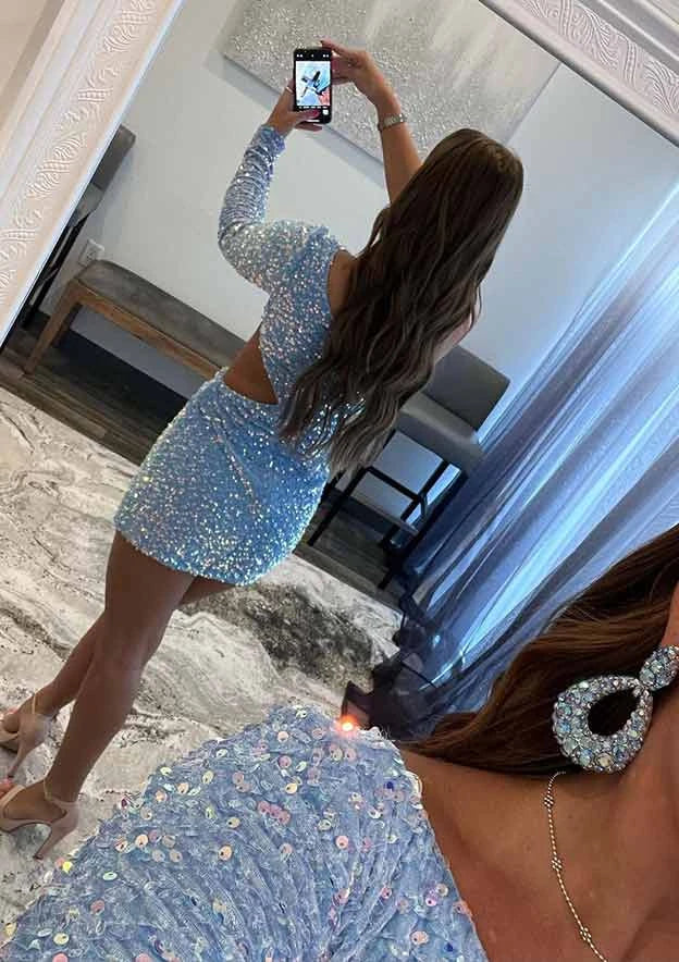 Sparkling Bodycon One-Shoulder Long Sleeve Covered Back Mini Homecoming Dresses with Side Cutout