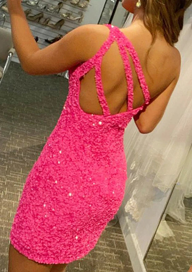 Sparkling Bodycon One-Shoulder Sleeveless Multi-Strap Back Mini Hot Pink Homecoming Dresses