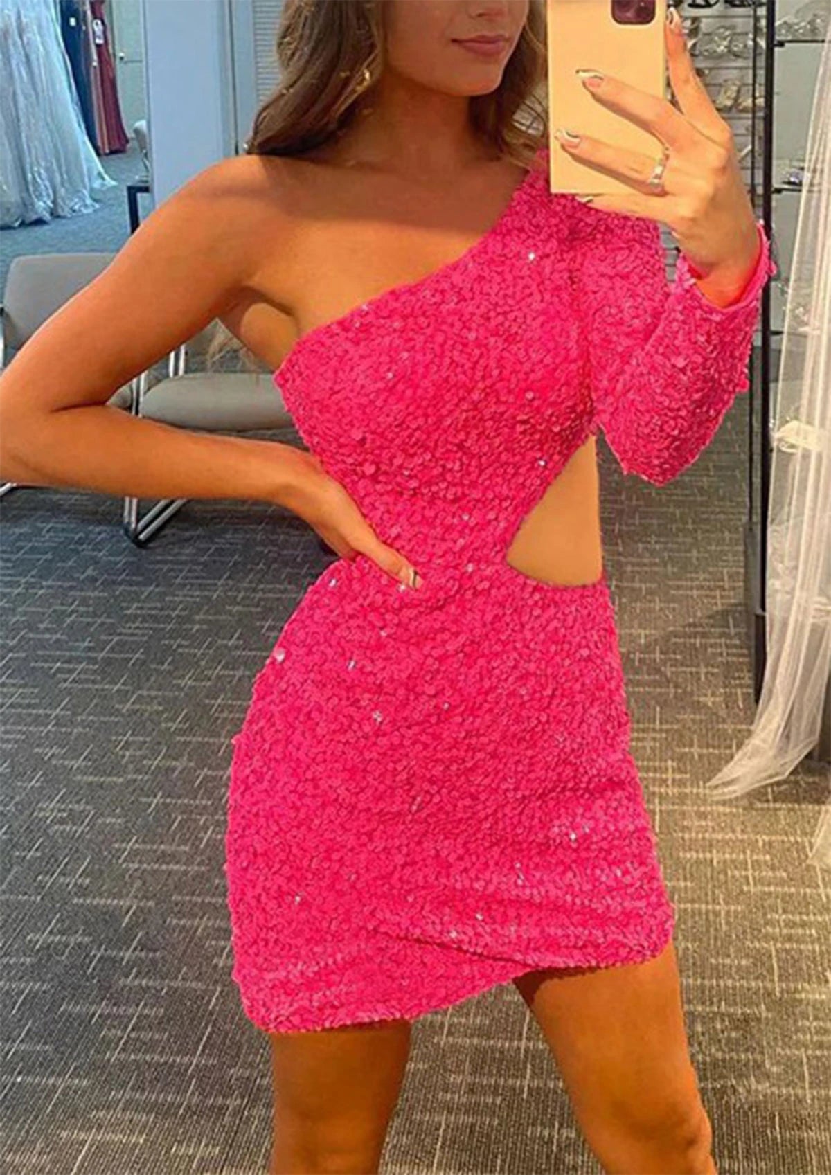 Sparkling Glamorous Sheath One-Shoulder Long Sleeve Cutout Back Mini Homecoming Dresses