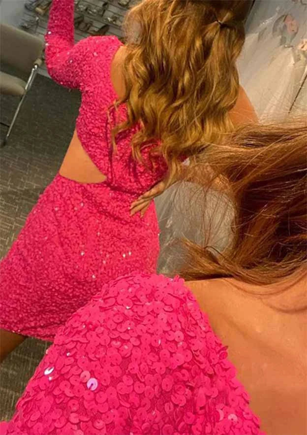 Sparkling Glamorous Sheath One-Shoulder Long Sleeve Cutout Back Mini Homecoming Dresses