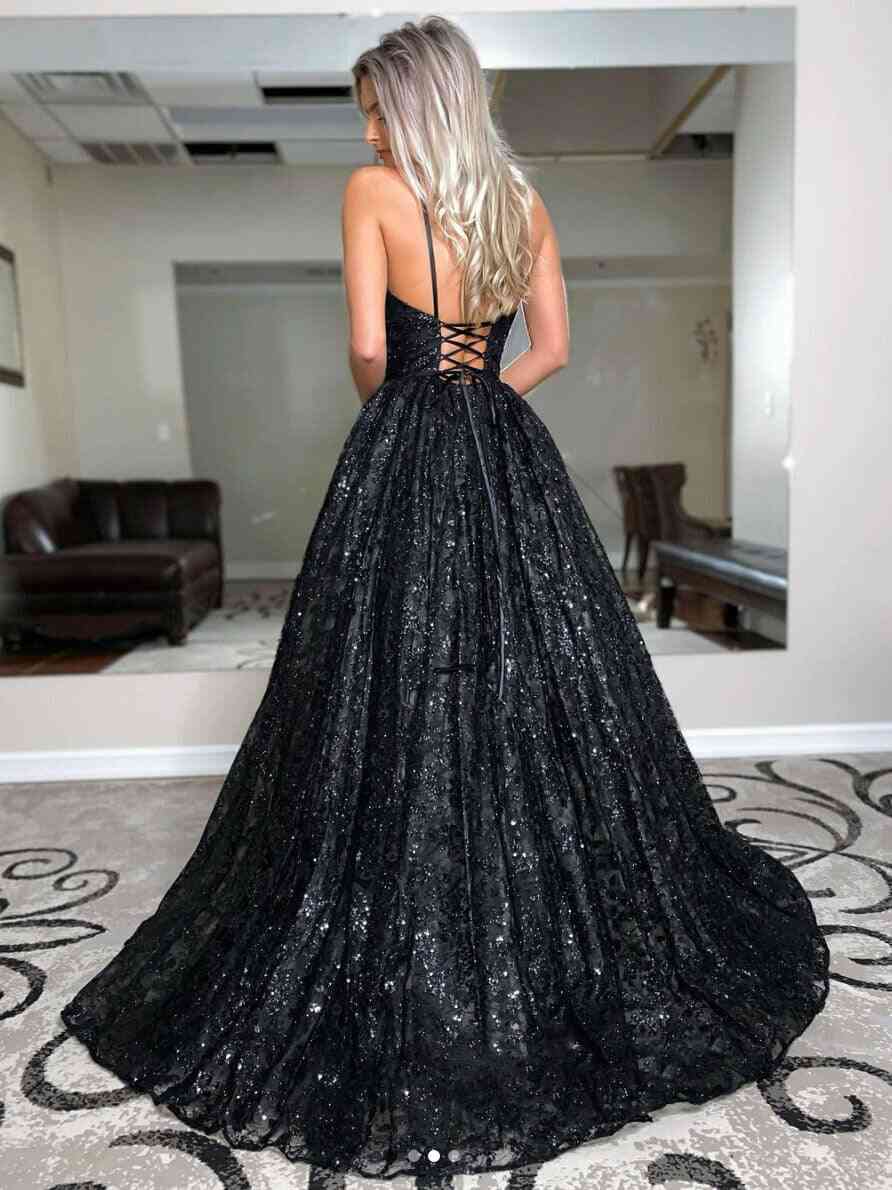 Sparkly A-Line V Neck Spaghetti Straps Lace Up Back Floor Length Prom Dress