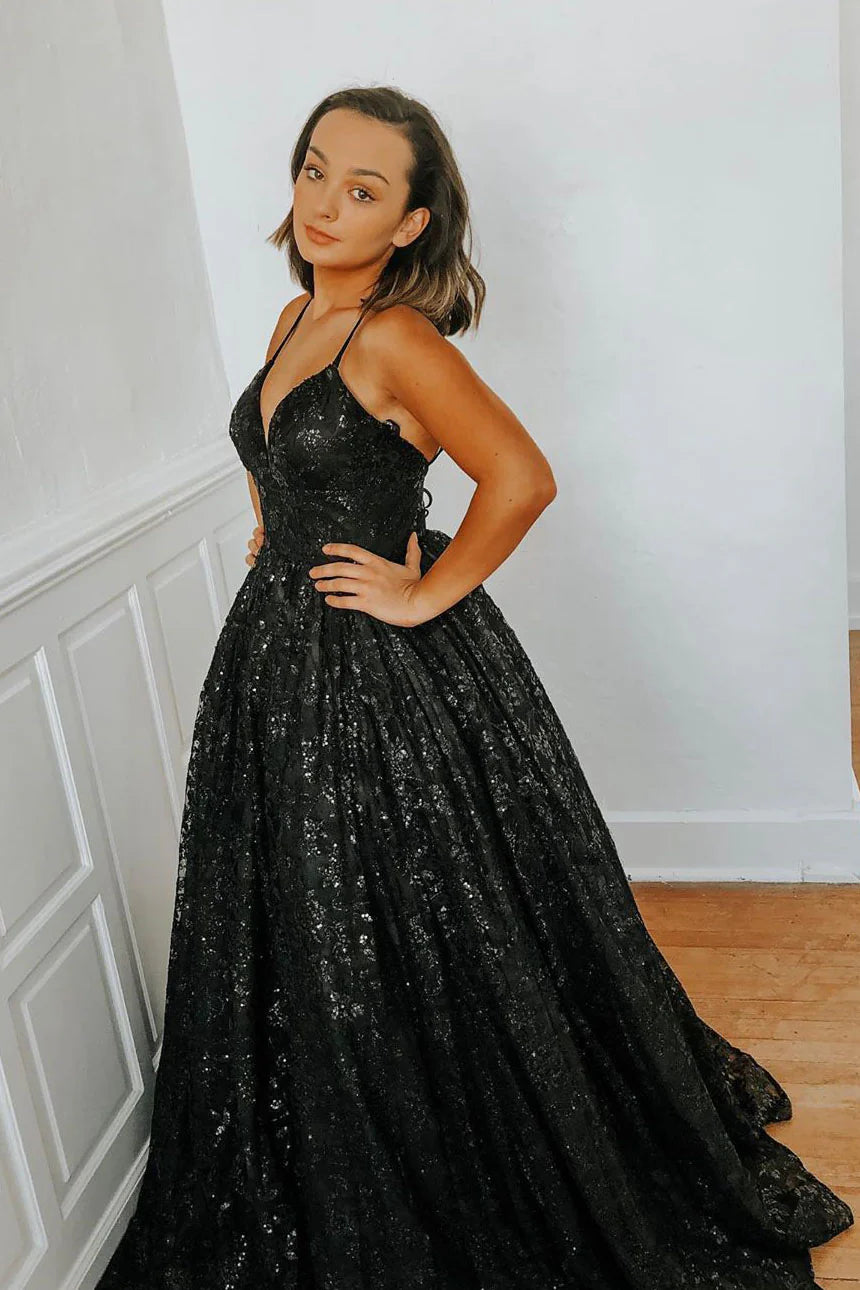 Sparkly A-Line V Neck Spaghetti Straps Lace Up Back Floor Length Prom Dress