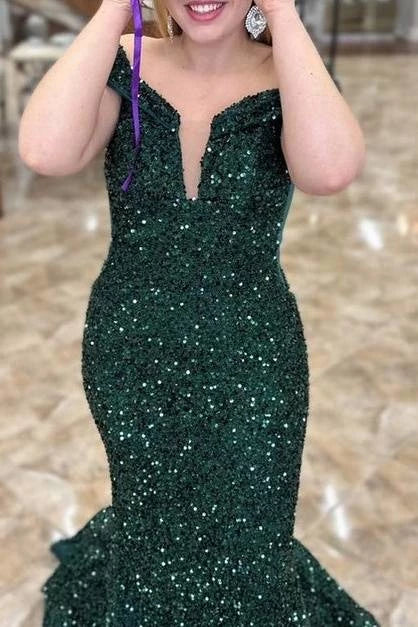 Sparkly Mermaid Off-the-Shoulder Sleeveless Open Back Floor Length Prom Dress