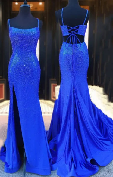 Sparkly Mermaid Square Neck Spaghetti Straps Lace Up Back Slit Floor Length Prom Dress