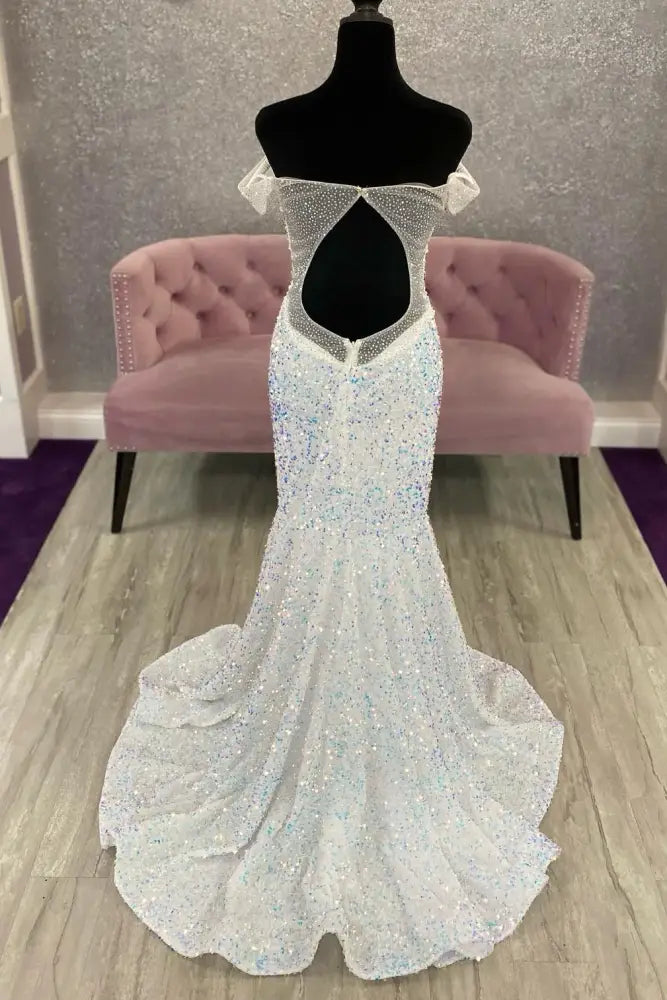 Sparkly Mermaid Sweetheart Off-the-Shoulder Open Back Floor Length Prom Dress