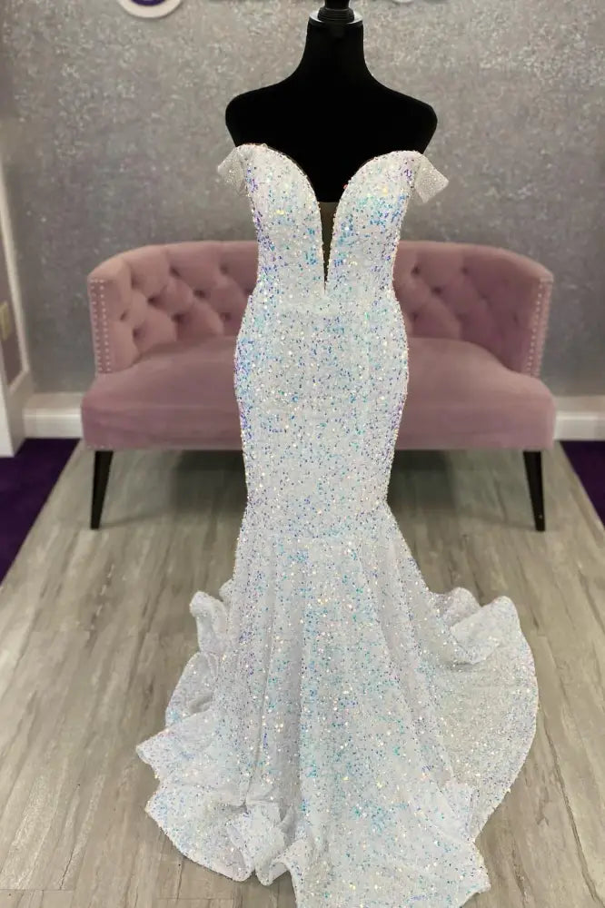 Sparkly Mermaid Sweetheart Off-the-Shoulder Open Back Floor Length Prom Dress