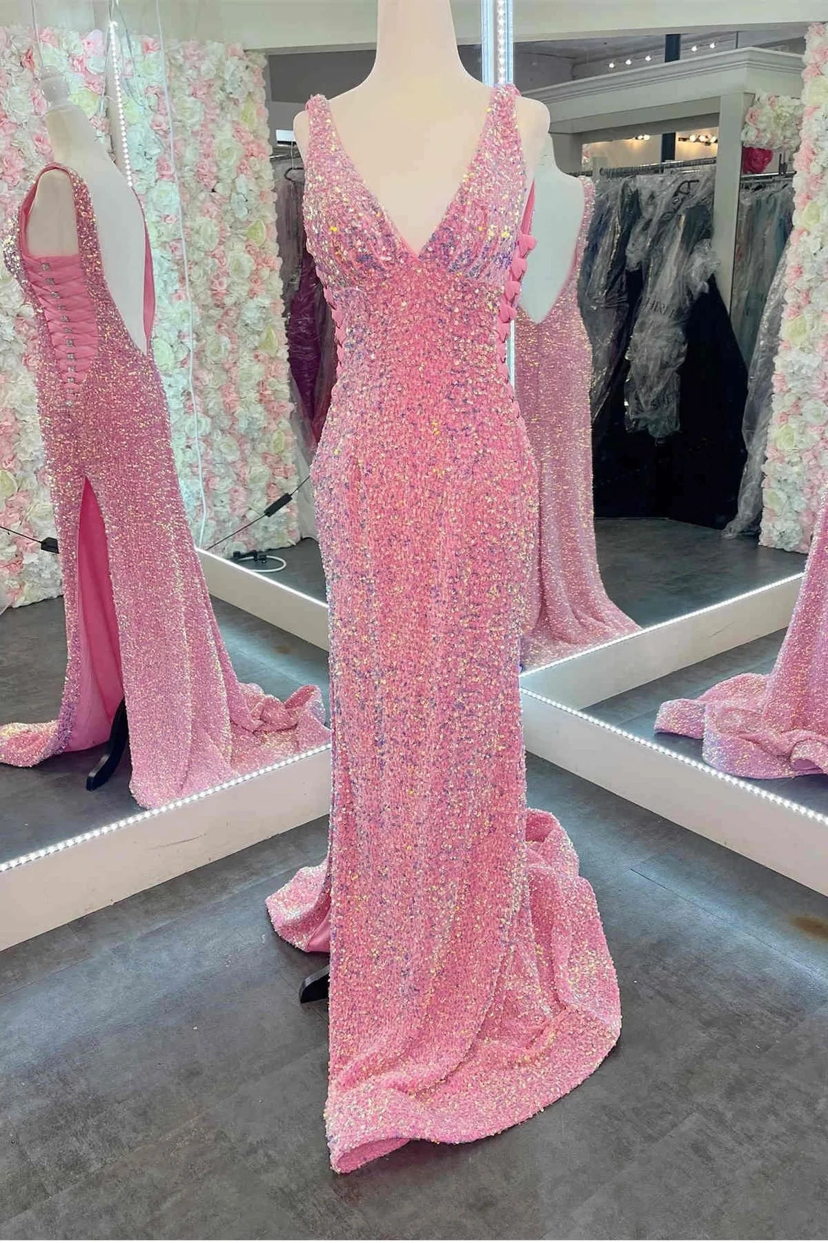 Sparkly Mermaid V-Neck Sleeveless Side Lace-Up Full Sequin Floor-Length Prom Dress