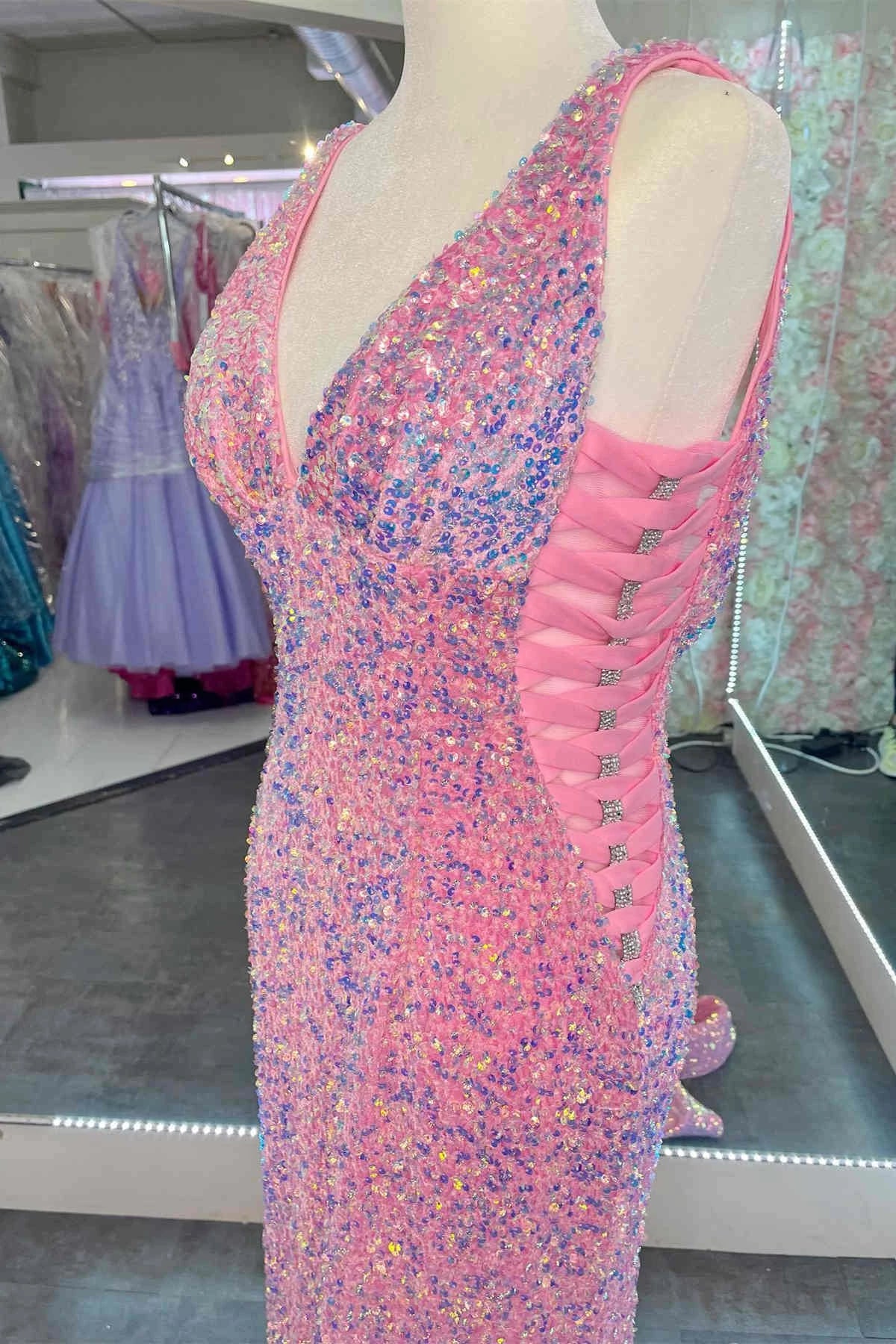 Sparkly Mermaid V-Neck Sleeveless Side Lace-Up Full Sequin Floor-Length Prom Dress