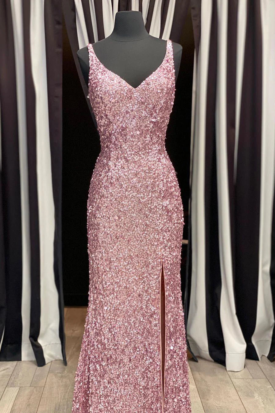 Sparkly Mermaid V-Neck Spaghetti Straps Cut-Out Back Slit Floor Length Prom Dress