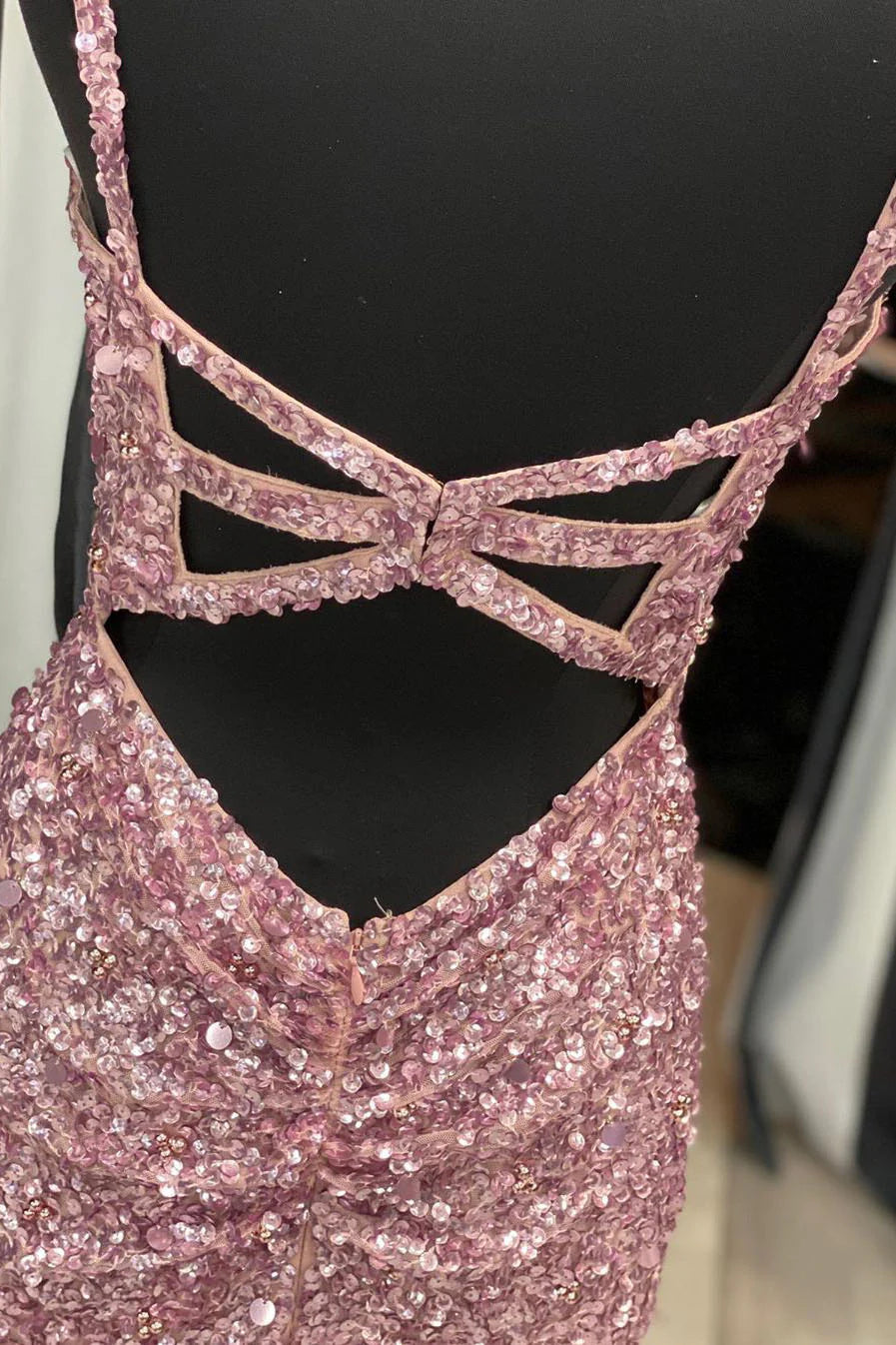 Sparkly Mermaid V-Neck Spaghetti Straps Cut-Out Back Slit Floor Length Prom Dress