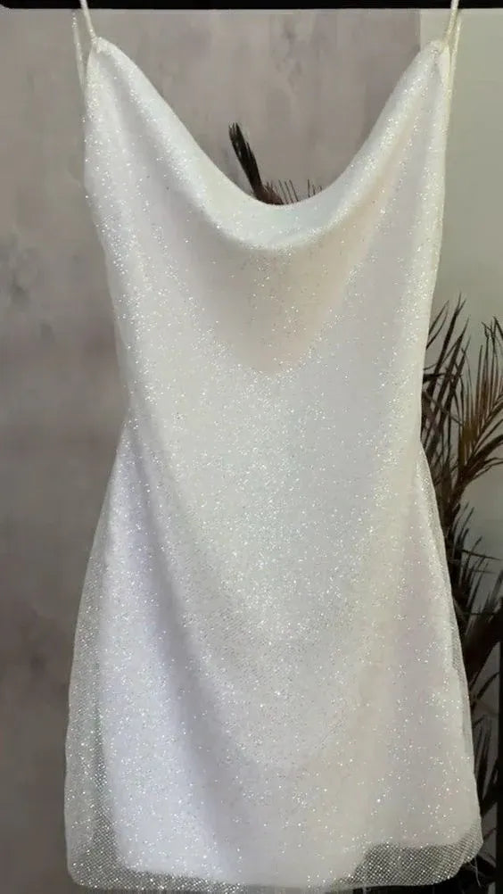 Sparkly Sheath Cowl-Neck Thin-Strap Glitter-Tulle Mini Prom Dress