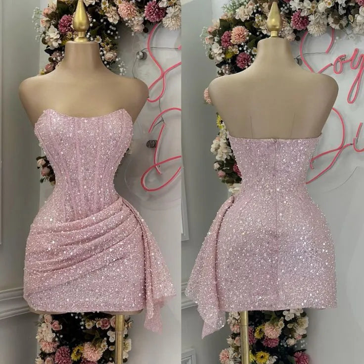 Sparkly Sheath Strapless Sweetheart-Neck Draped-Tulle Mini Homecoming Dress