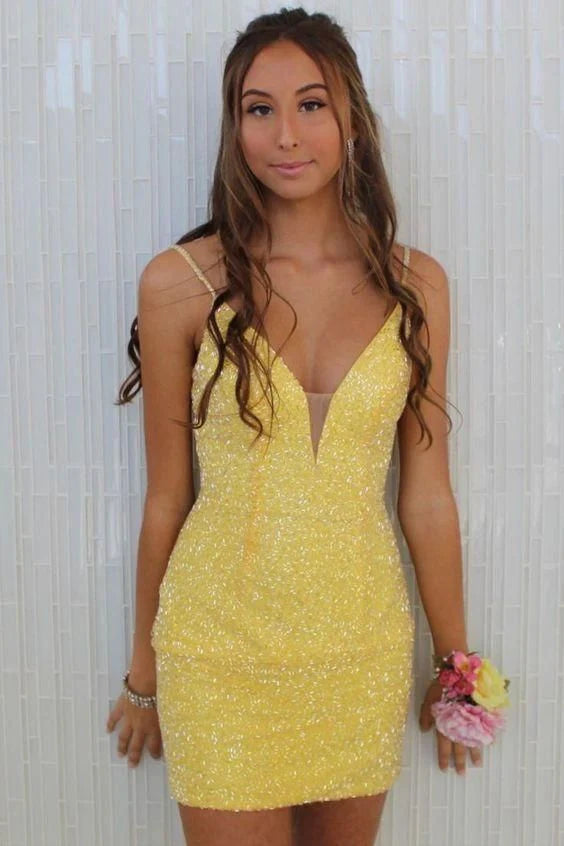 Sparkly Sheath V-Neck Beaded-Strap Mesh-Inset Sequin Mini Prom Dress