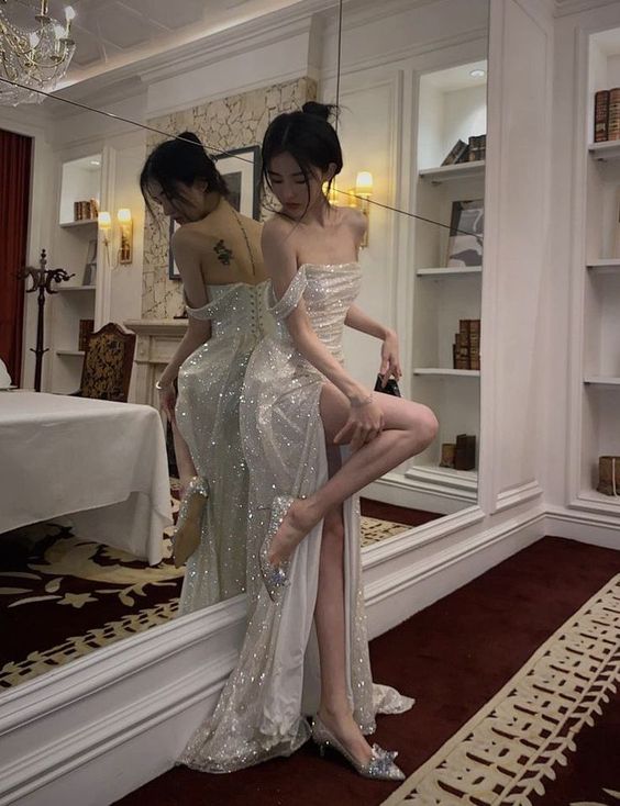 Sparkly Silver Glitter Off-the-shoulder High Slit Mermaid Floor-length Evening Dresses