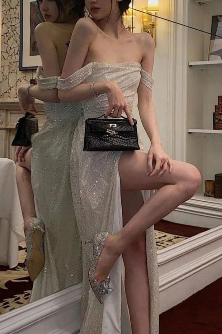Sparkly Silver Glitter Off-the-shoulder High Slit Mermaid Floor-length Evening Dresses